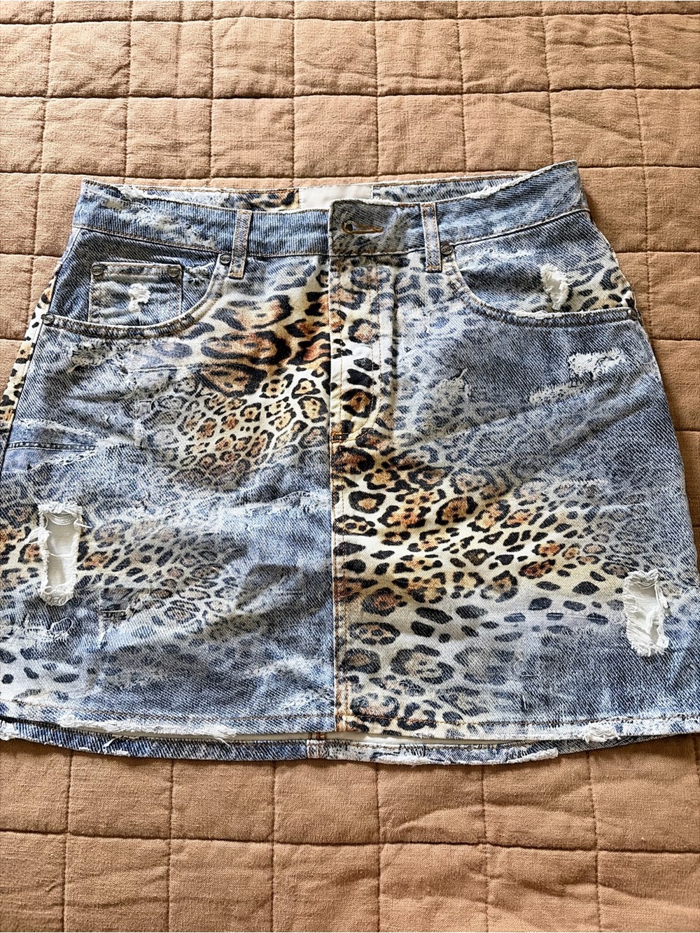 One Teaspoon Leopard Print Denim Mini Skirt - Blue and Tan
